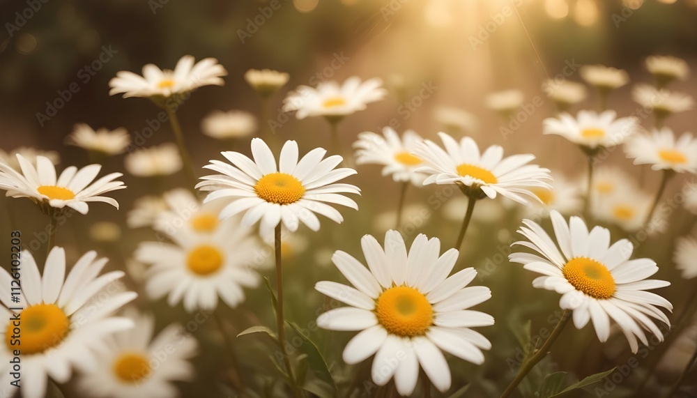 Fototapeta premium Flores de margaritas blancas sobre un fondo suave y de tonos cálidos