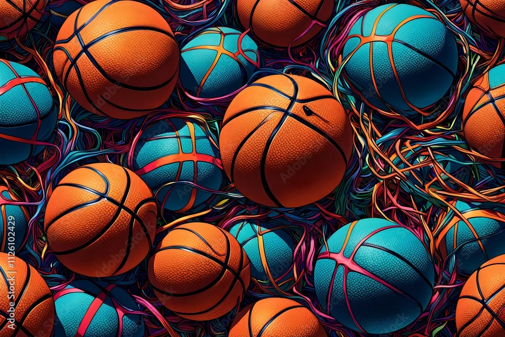 Obraz premium vibrant mix of abstract circuitry intertwined with basketball balls, representing AI role in personalized sports training