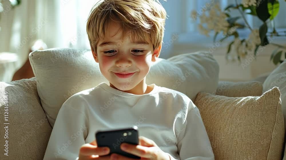 video of smiling boy looking at phone screen, child with smartphone sitting on sofa, social media addiction, kid playing on phone, technology, online shopping, internet video of smiling boy looking at phone screen, child with smartphone sitting on sofa, social media addiction, kid playing on phone, technology, online shopping, internet