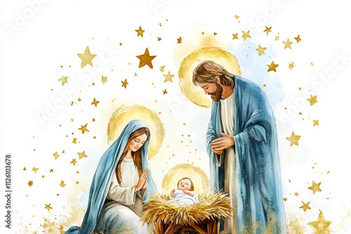 Watercolor depiction of a nativity scene showing Mary, Joseph and baby Jesus in a soft, glowing manger under shining stars