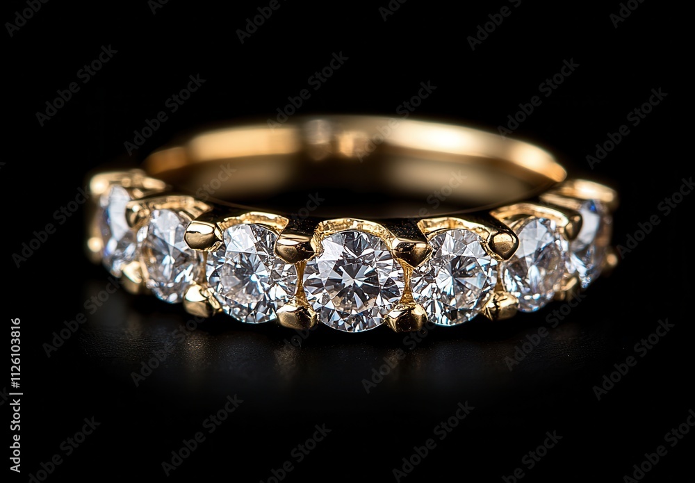 Elegant Gold Ring with Brilliant Diamonds Sparkling Against Black Background, Showcasing Craftsmanship and Luxury in Jewelry Design for Timeless Beauty Elegant Gold Ring with Brilliant Diamonds Sparkling Against Black Background, Showcasing Craftsmanship and Luxury in Jewelry Design for Timeless Beauty