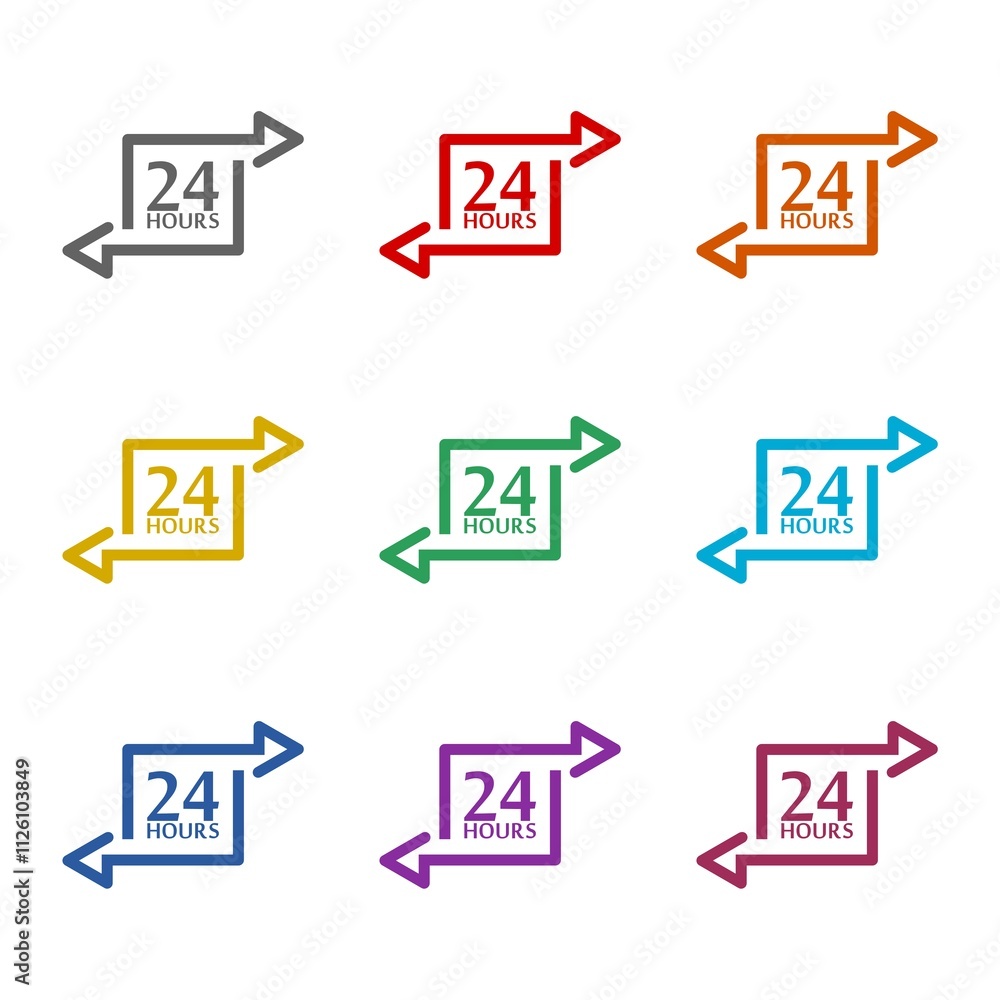 24 hours a day icon isolated on white background. Set icons colorful 24 hours a day icon isolated on white background. Set icons colorful
