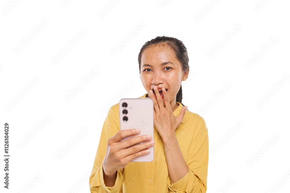 Portrait of happy Asian woman in yellow blouse, looking surprised while holding cellphone Portrait of happy Asian woman in yellow blouse, looking surprised while holding cellphone