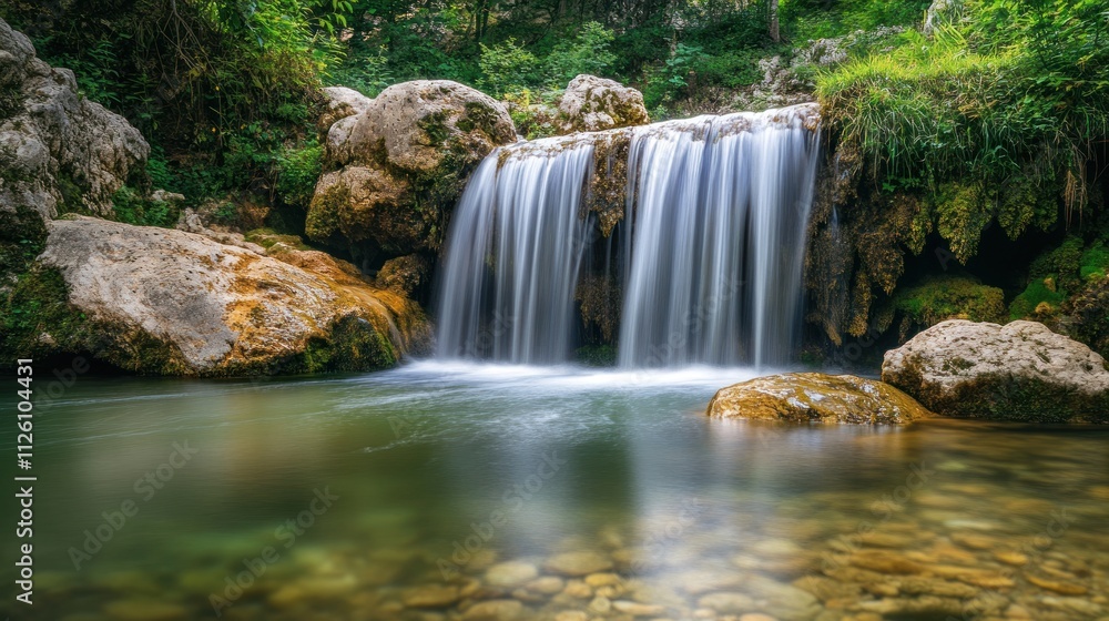 Serene Waterfall in Lush Green Forest Serene Waterfall in Lush Green Forest