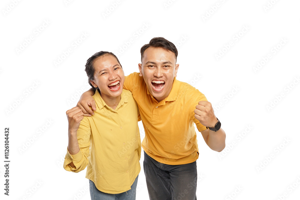 Happy Asian couple hugging each other while raising their fist hands Happy Asian couple hugging each other while raising their fist hands