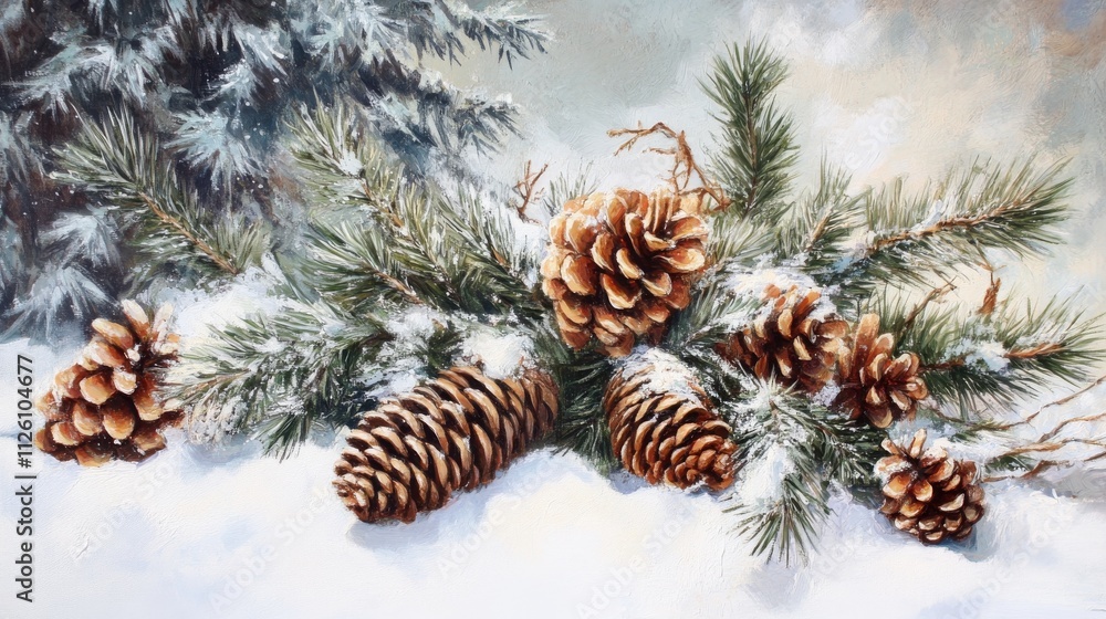 Festive christmas scene with pine cones and evergreen branches resting on pristine snow, perfect for holiday-themed designs
Festive christmas scene with pine cones and evergreen branches resting on pristine snow, perfect for holiday-themed designs