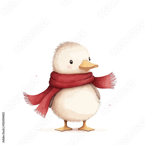 Cute Duckling in Winter Scarf: A charming watercolor illustration of a fluffy duckling wearing a cozy red scarf, perfect for wintery themes, children's books, and heartwarming designs. 