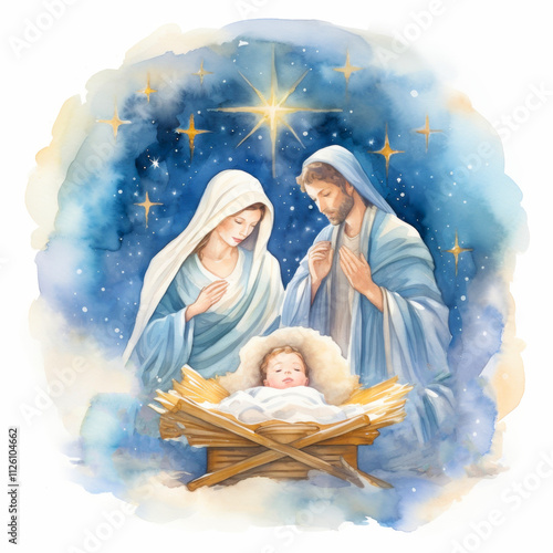 Watercolor depiction of a nativity scene showing Mary, Joseph and baby Jesus in a soft, glowing manger under shining stars