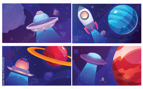 Set of space landscapes. Alien ships fly among planets.