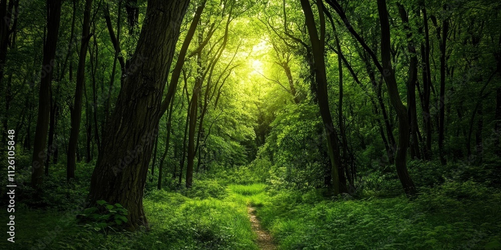 Fototapeta premium Vibrant green forest showcasing beautiful colors, creating a picturesque scene in nature. Experience the stunning beauty of a green forest with its captivating colors all around.
