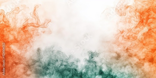 Abstract swirling smoke art forms a colorful pattern. Fluid motion creates a textured background. Mist and clouds in orange and green blend inventively. Perfect for artistic, decorative, modern photo