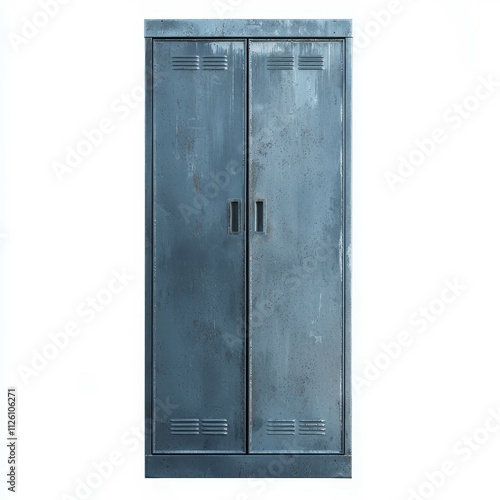 A blue metal locker with two doors, featuring ventilation slots and simple black handles, giving a vintage industrial look.