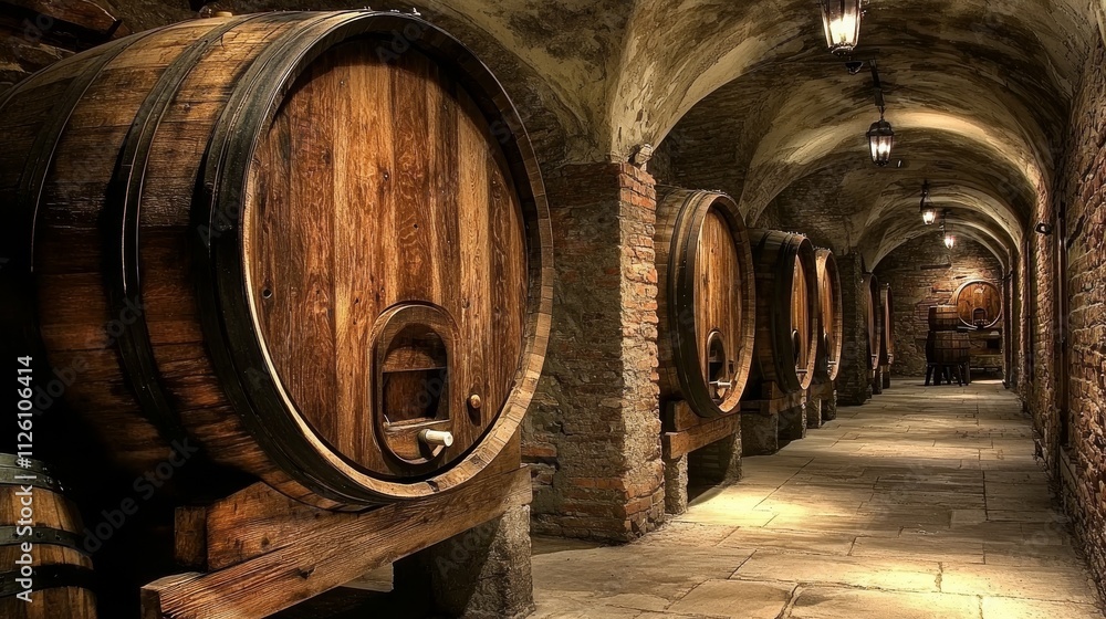 A dimly lit wine cellar featuring large wooden barrels along a stone corridor, creating an inviting, rustic atmosphere. A dimly lit wine cellar featuring large wooden barrels along a stone corridor, creating an inviting, rustic atmosphere.