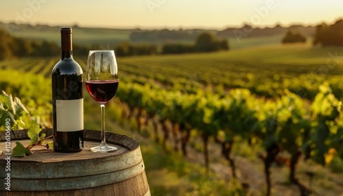 A tranquil vineyard scene featuring a bottle of wine and a glass on a wooden barrel, set against a backdrop of lush green rows under a golden sunset. photo