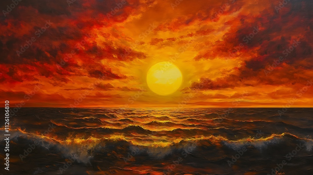 A vibrant sunset over a turbulent ocean, showcasing nature's beauty and drama. A vibrant sunset over a turbulent ocean, showcasing nature's beauty and drama.