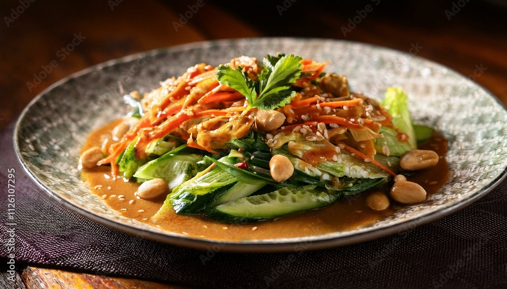 A plate of Indonesian pecel, a traditional vegetable salad, with spicy peanut dressing. A plate of Indonesian pecel, a traditional vegetable salad, with spicy peanut dressing.