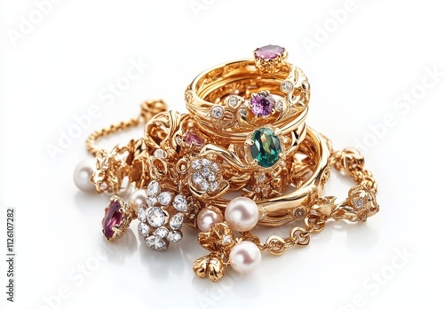 Exquisite Collection of Elegant Gold Rings and Accessories Embellished with Colorful Gemstones and Sparkling Diamonds on a Bright Surface