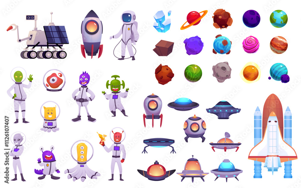 Fototapeta premium Vector space set: aliens in space suits and spacesuit, robot explorer, crystals, planets, rocket, spaceship