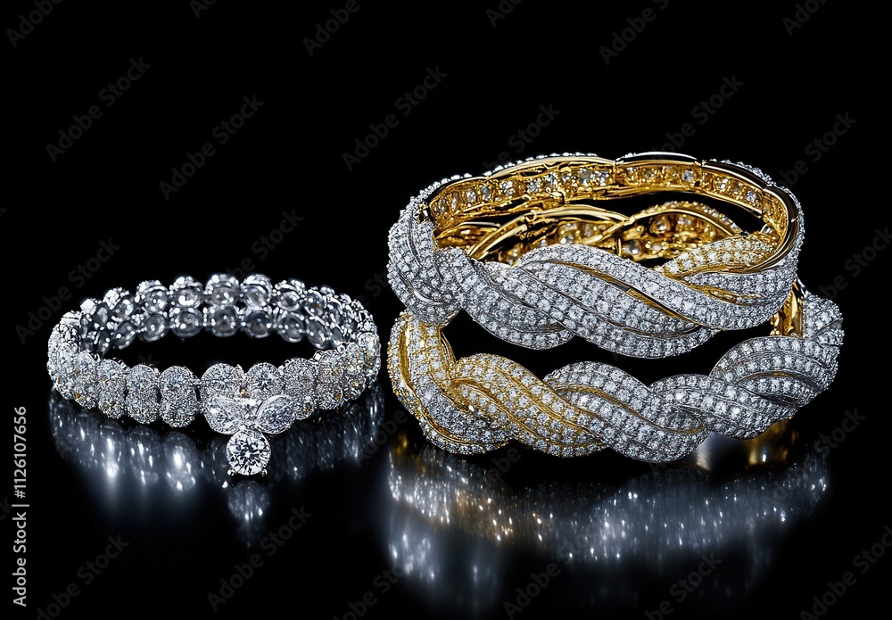 Exquisite Diamond Bracelets Displayed on a Glossy Surface, Showcasing Intricate Designs and Sparkling Elements Against a Black Background Exquisite Diamond Bracelets Displayed on a Glossy Surface, Showcasing Intricate Designs and Sparkling Elements Against a Black Background