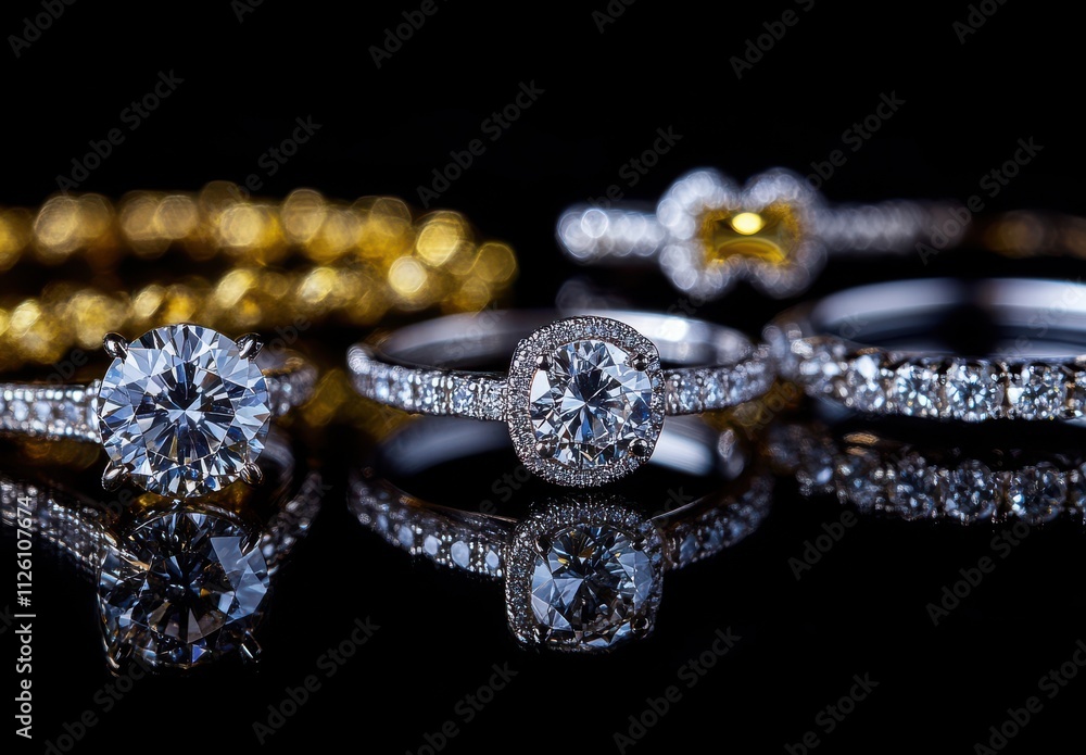Exquisite Diamond Rings and Elegant Jewelry on a Black Background with Reflections Showcasing Luxury and Glamour for Fashion and Wedding Themes Exquisite Diamond Rings and Elegant Jewelry on a Black Background with Reflections Showcasing Luxury and Glamour for Fashion and Wedding Themes