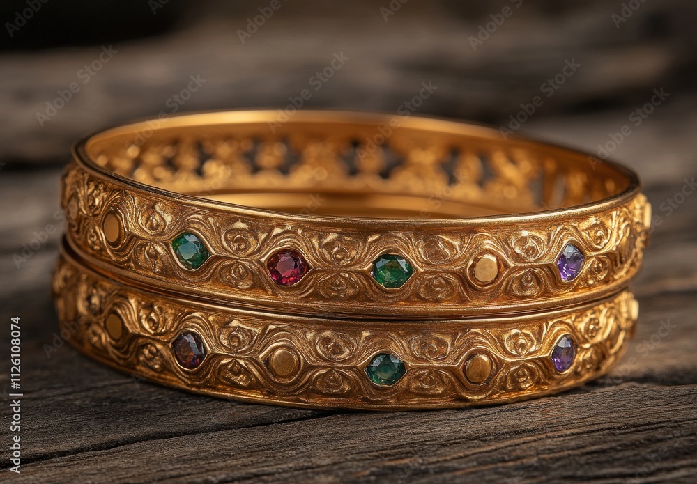 Exquisite Golden Bangles with Intricate Design and Colorful Gemstones Set Against a Rustic Wooden Background for Elegant Fashion Inspiration Exquisite Golden Bangles with Intricate Design and Colorful Gemstones Set Against a Rustic Wooden Background for Elegant Fashion Inspiration