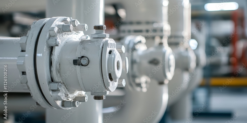 Fototapeta premium White pipeline and tank featuring a valve provide essential infrastructure for various industrial applications. The white pipeline style complements the tank s functionality while maintaining