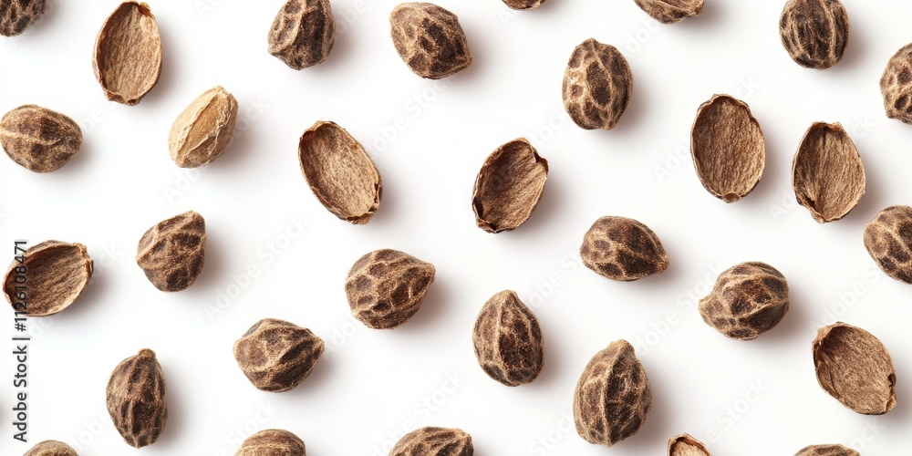 Top view of dried capsule seeds from the sacha Inchi peanut, presented in isolation against a clean white background, showcasing the unique features of sacha Inchi peanut seeds. Top view of dried capsule seeds from the sacha Inchi peanut, presented in isolation against a clean white background, showcasing the unique features of sacha Inchi peanut seeds.