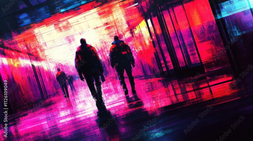 Futuristic neon corridor with silhouetted people. Urban and vibrant ...