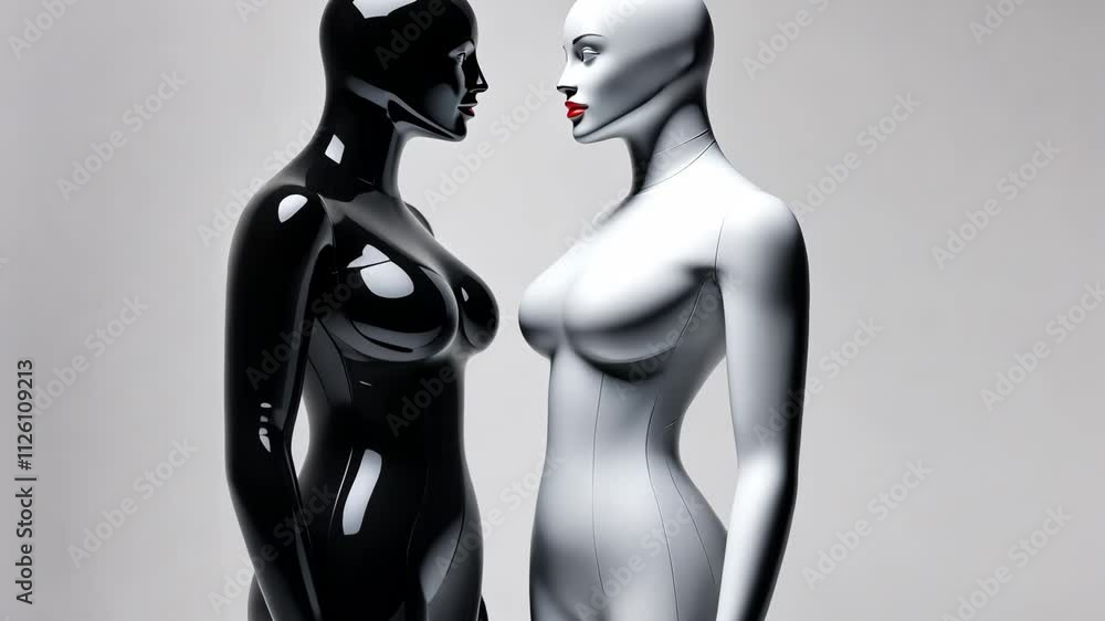 Models wearing black and white latex catsuits posing Models wearing black and white latex catsuits posing