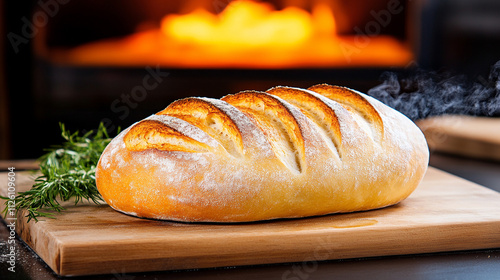 Freshly baked artisan bread cooling on a wooden board with a warm background. photo