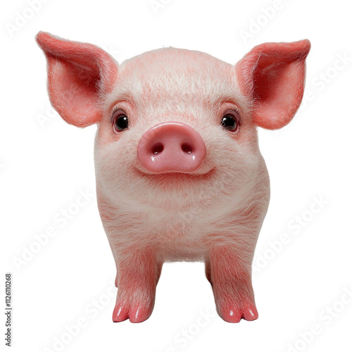 Extreme front view of a perfectly made hyper realistic pig animal soft toy isolated on a white transparent background photo