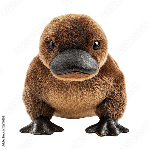 Extreme front view of a perfectly made hyper realistic platypus animal soft toy isolated on a white transparent background photo