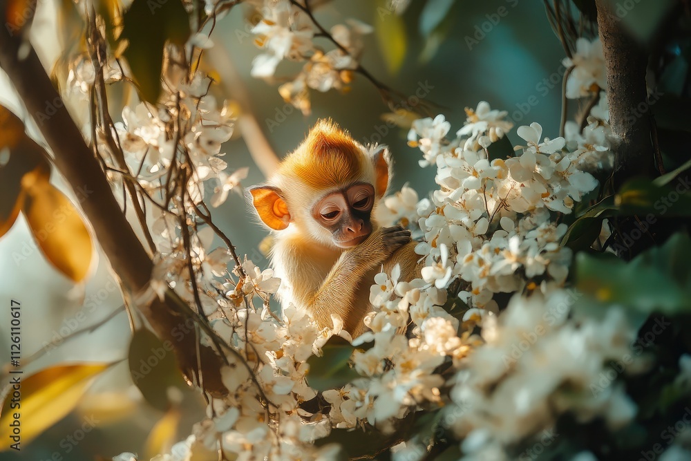 Proboscis monkey baby playing in mangrove tree. Female proboscis monkey (Nasalis larvatus) with her baby in a natural habitat in rainforest of Borneo Island Proboscis monkey baby playing in mangrove tree. Female proboscis monkey (Nasalis larvatus) with her baby in a natural habitat in rainforest of Borneo Island