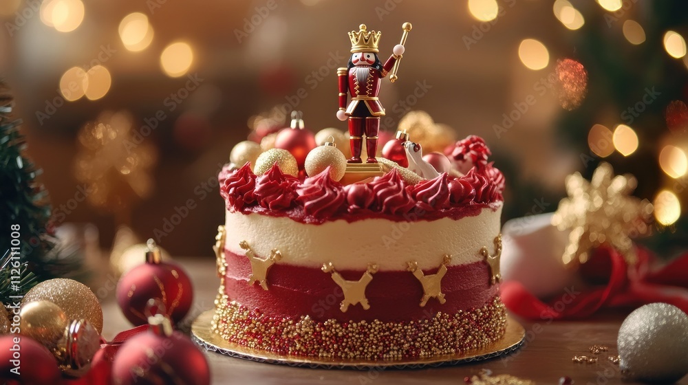 A festive cake topped with a nutcracker figurine and decorated for the holiday season. A festive cake topped with a nutcracker figurine and decorated for the holiday season.