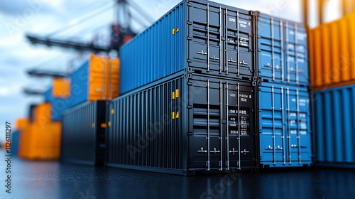 Stacked shipping containers in a busy port, showcasing logistics and global trade. photo