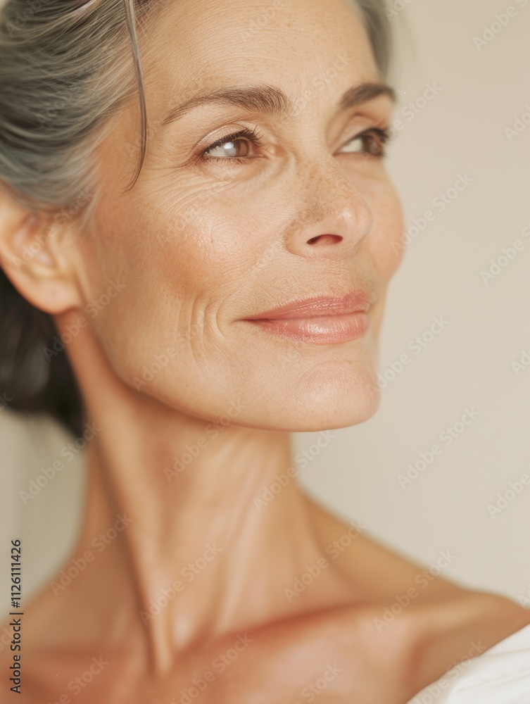 elegant mature older woman beauty closeup studio portrait - skincare beige and white aesthetic, diverse beauty elegant mature older woman beauty closeup studio portrait - skincare beige and white aesthetic, diverse beauty