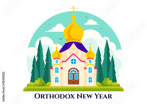 Happy Orthodox New Year Vector Illustration Celebrated on January 14, Featuring a Church and Fireworks in a Flat Cartoon Style Background