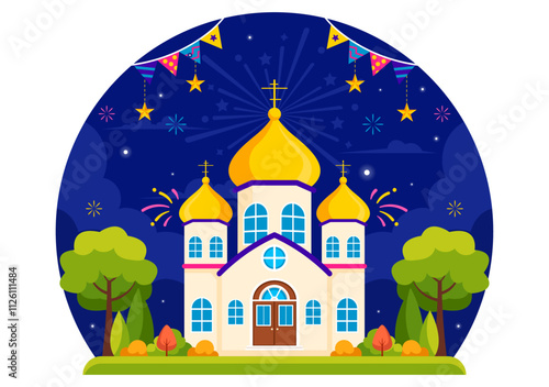Happy Orthodox New Year Vector Illustration Celebrated on January 14, Featuring a Church and Fireworks in a Flat Cartoon Style Background