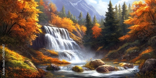 Stunning autumn scenery featuring a beautiful nature forest with vibrant trees, a flowing river, and a captivating waterfall, showcasing the essence of a serene waterfall in nature.