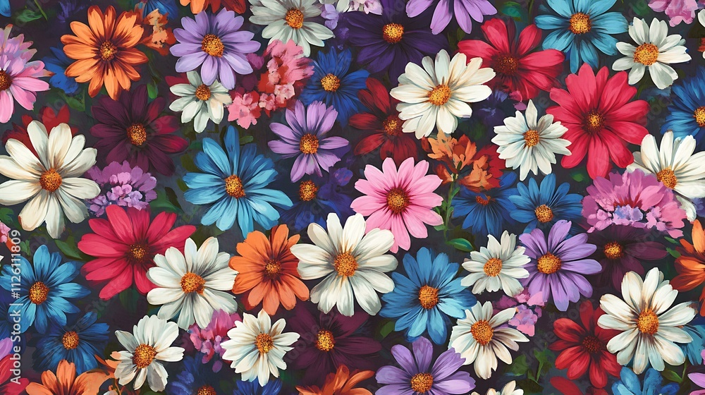 Close-up of a field filled with blooming daisies creating a vibrant seamless spring wallpaper Close-up of a field filled with blooming daisies creating a vibrant seamless spring wallpaper