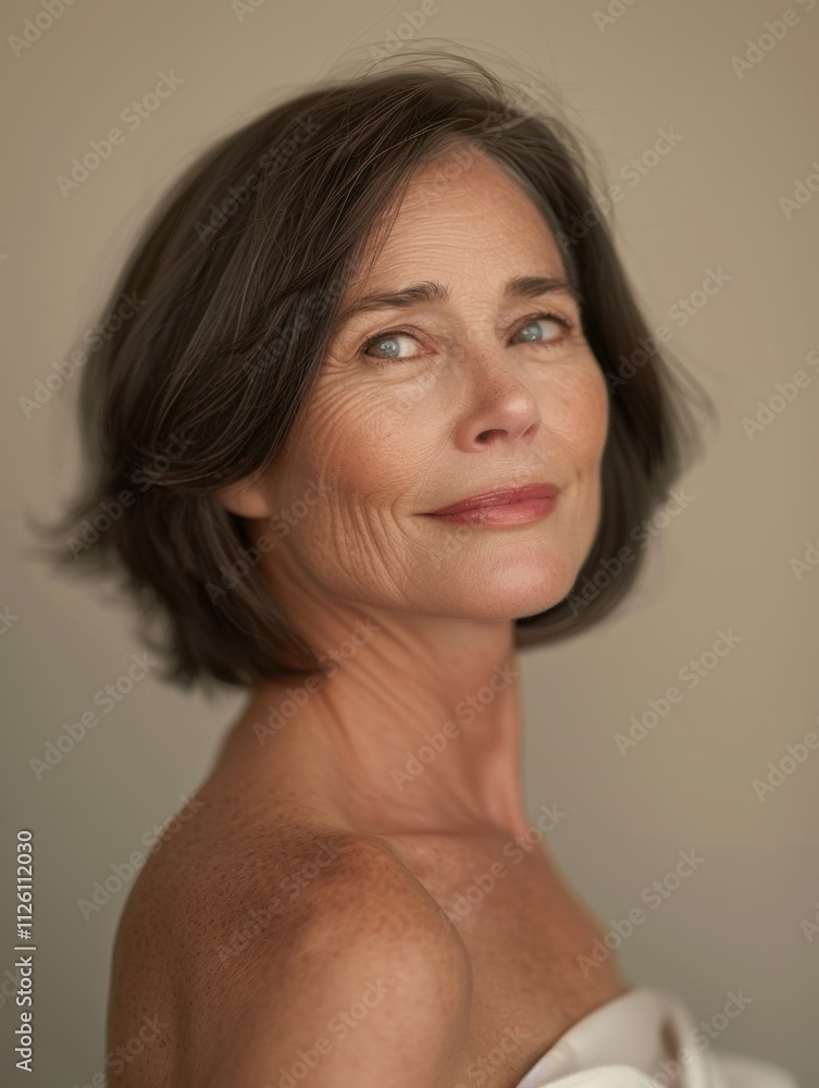 elegant mature older woman beauty closeup studio portrait - skincare beige and white aesthetic, diverse beauty