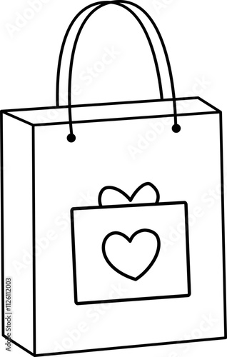 Isolated Valentine shopping paper bag outline.
Valentine's Day gift bag coloring drawing.
Transparent background.