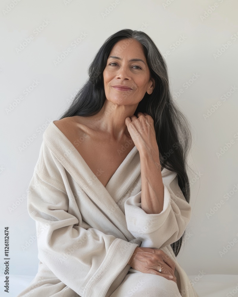 elegant mature older woman beauty closeup studio portrait - skincare beige and white aesthetic, diverse beauty