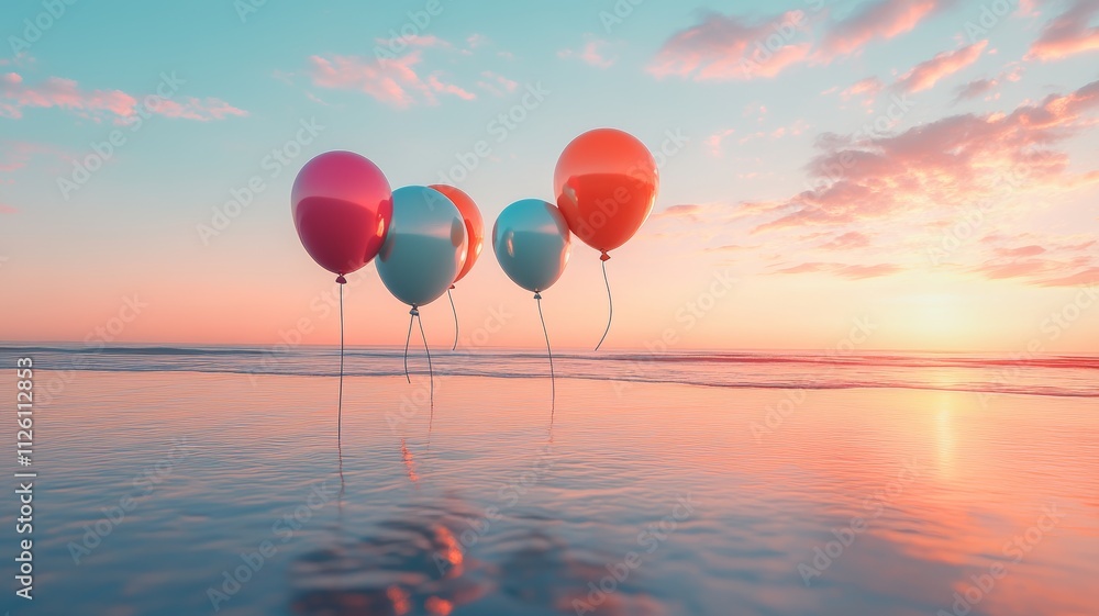Fototapeta premium Pastel Balloons Floating on a Tranquil Beach at Sunset.