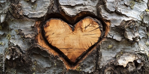 Heart carved into a tree symbolizes love. This wooden heart pattern on the tree bark represents affection, making it an ideal image for Valentine s Day celebration. A unique wood art touch. photo