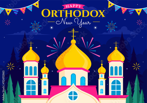 Happy Orthodox New Year Vector Illustration Celebrated on January 14, Featuring a Church and Fireworks in a Flat Cartoon Style Background