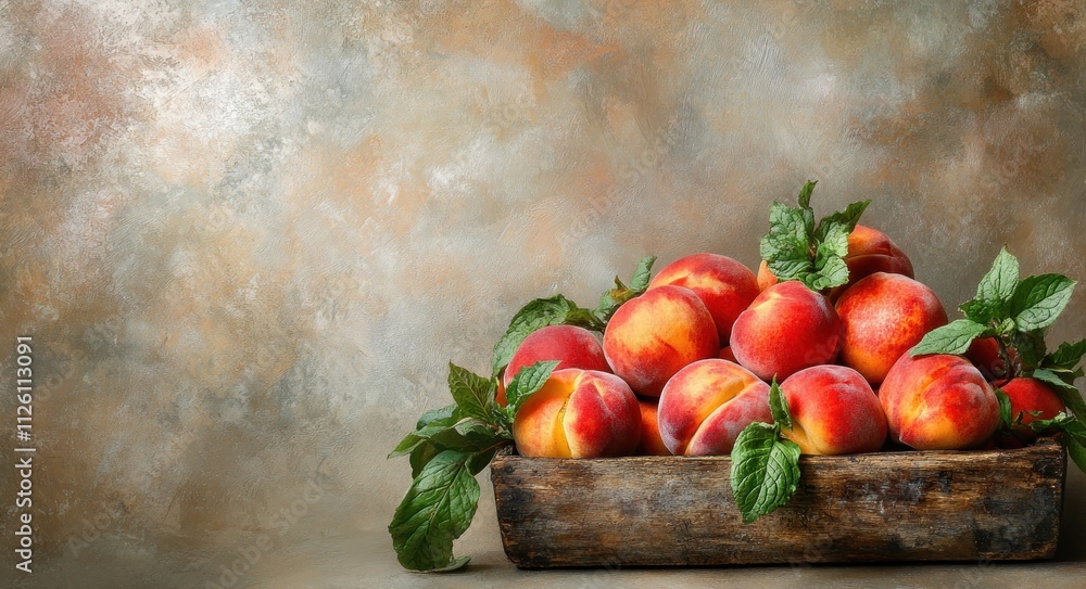 A wooden basket filled with fresh, ripe peaches and mint leaves against a textured background. A wooden basket filled with fresh, ripe peaches and mint leaves against a textured background.