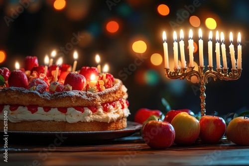 Religion image of jewish holiday Hanukkah background with menorah (traditional candelabra) and candles  photo