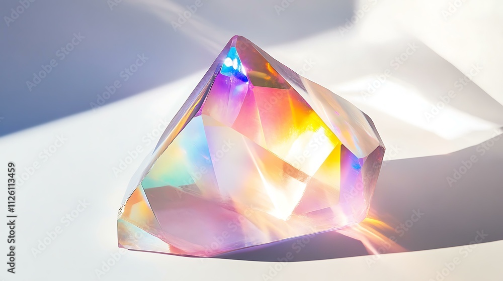 Creative burst of refracted colors from a crystal prism on a neutral white background Creative burst of refracted colors from a crystal prism on a neutral white background