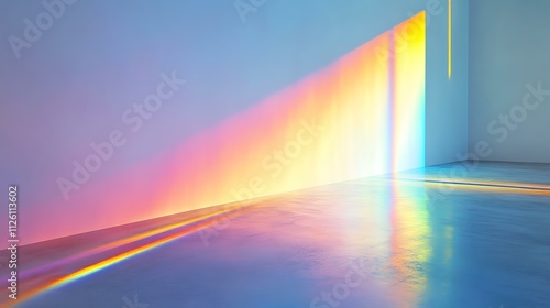 Crystal prism refracting vibrant rainbow light onto a smooth white wall with a soft gradient